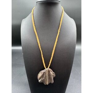 Artisan Sculptural Metal Leaf Pendant Necklace Suede Cord Yellow Silver Tone